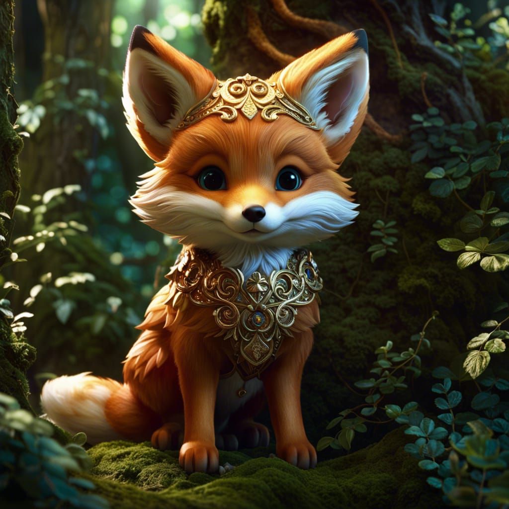 Detailed Chibi Fox in Forest Illustration