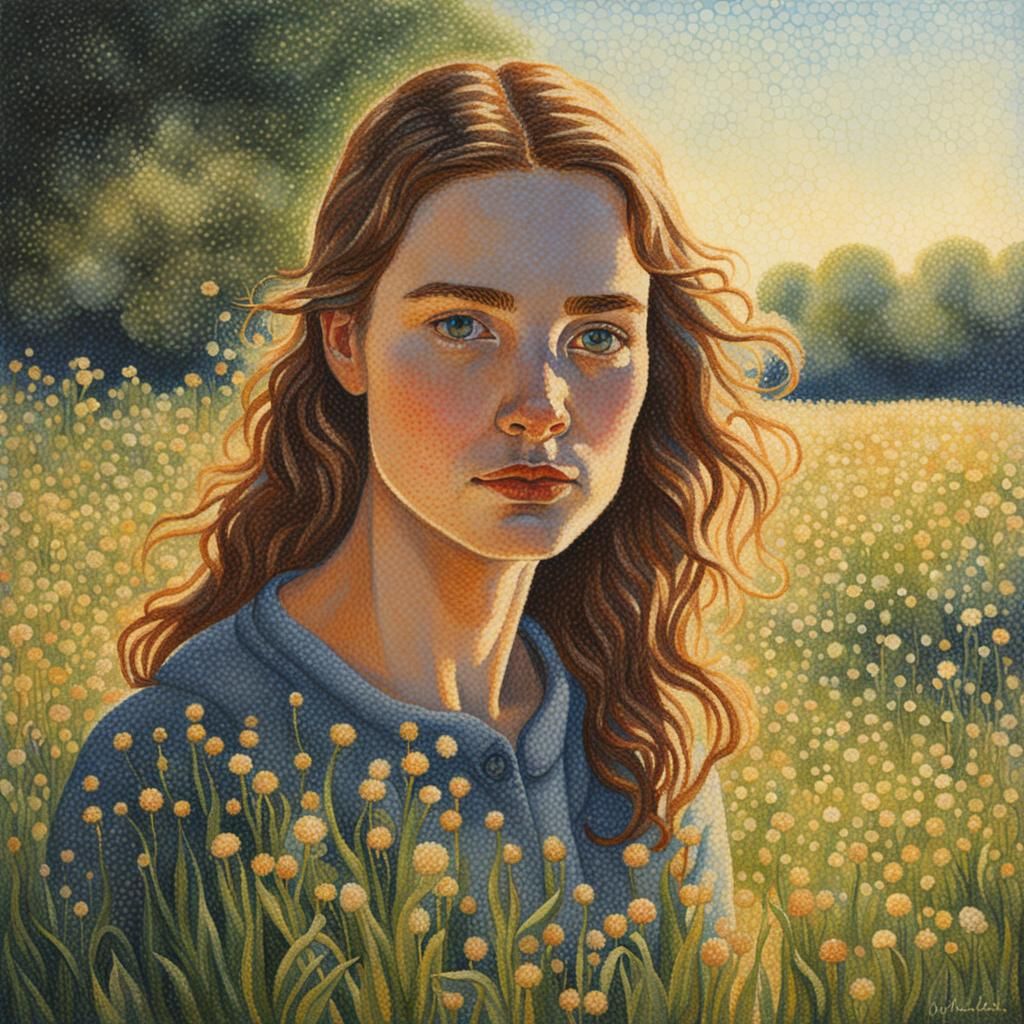 Young Woman in Meadow: A Pointillist Portrait