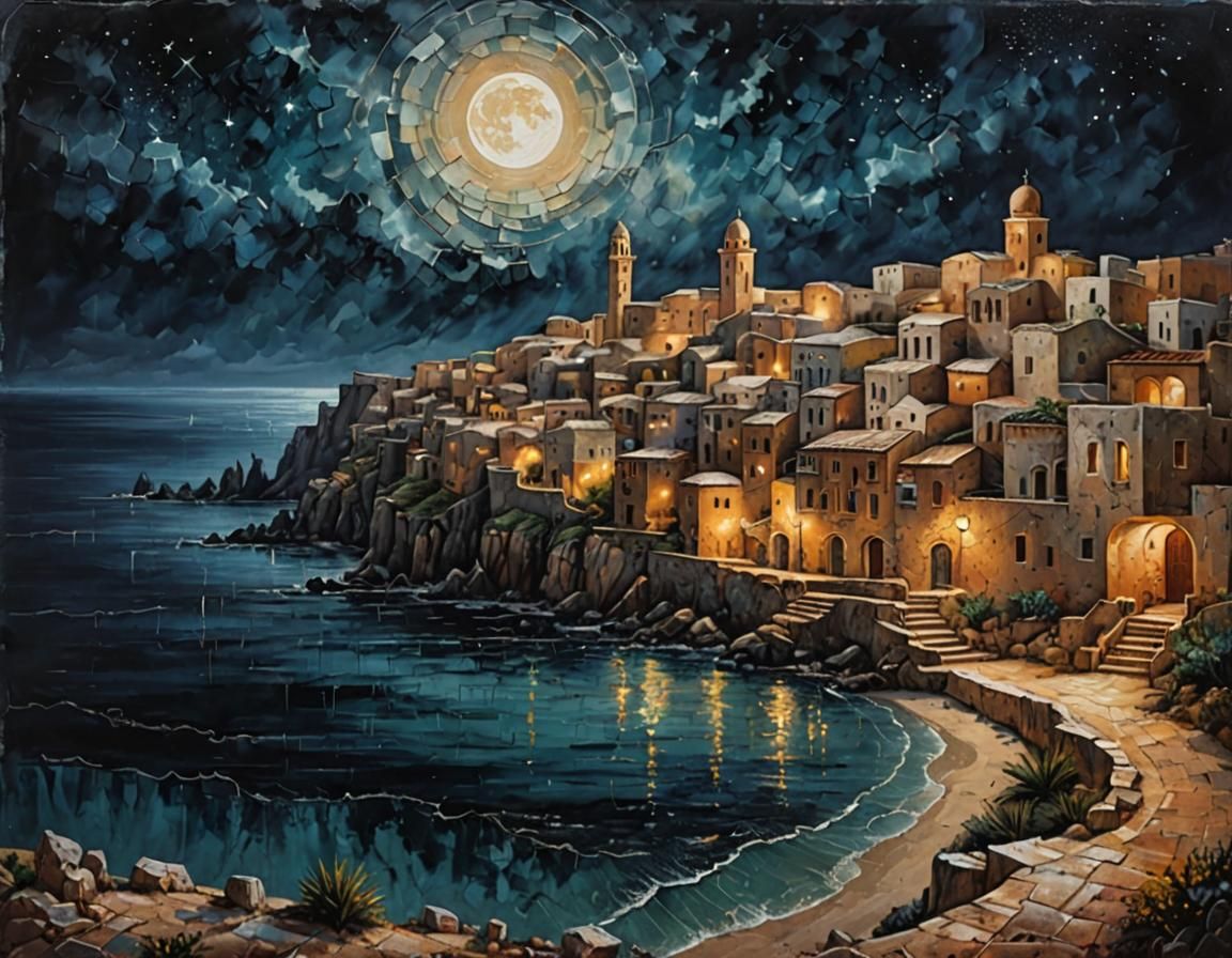 Mediterranean Town at Night: Acrylic Painting