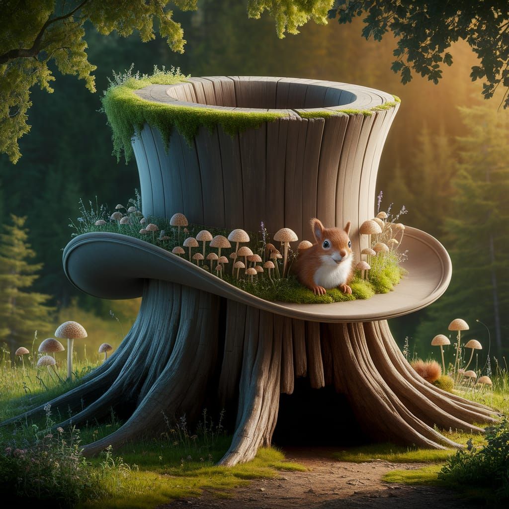Whimsical Tree Stump Top Hat in Sunlit Forest