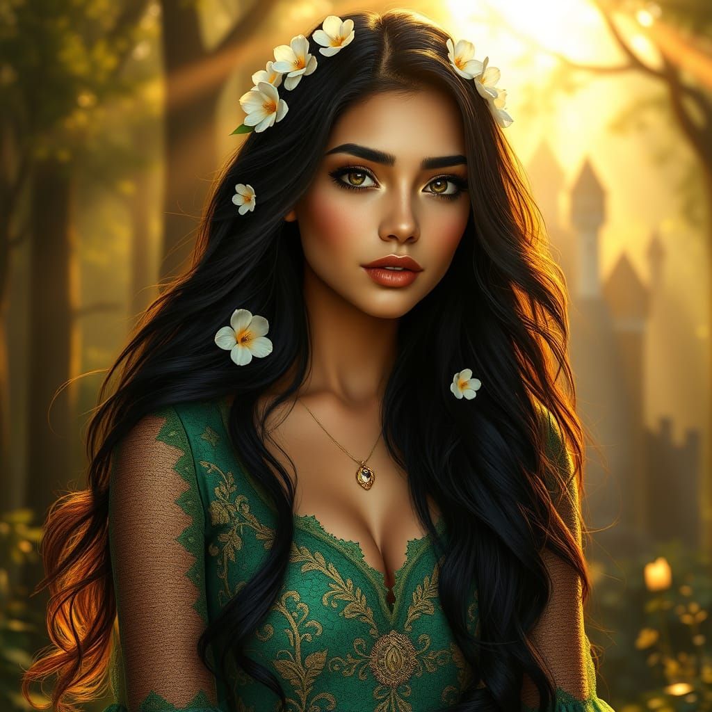 Serene Latina Goddess in Emerald Enchanted Forest