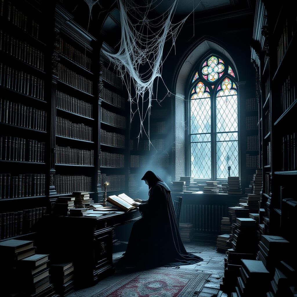 Ancient Library of Arcane Tomes in Dramatic Light