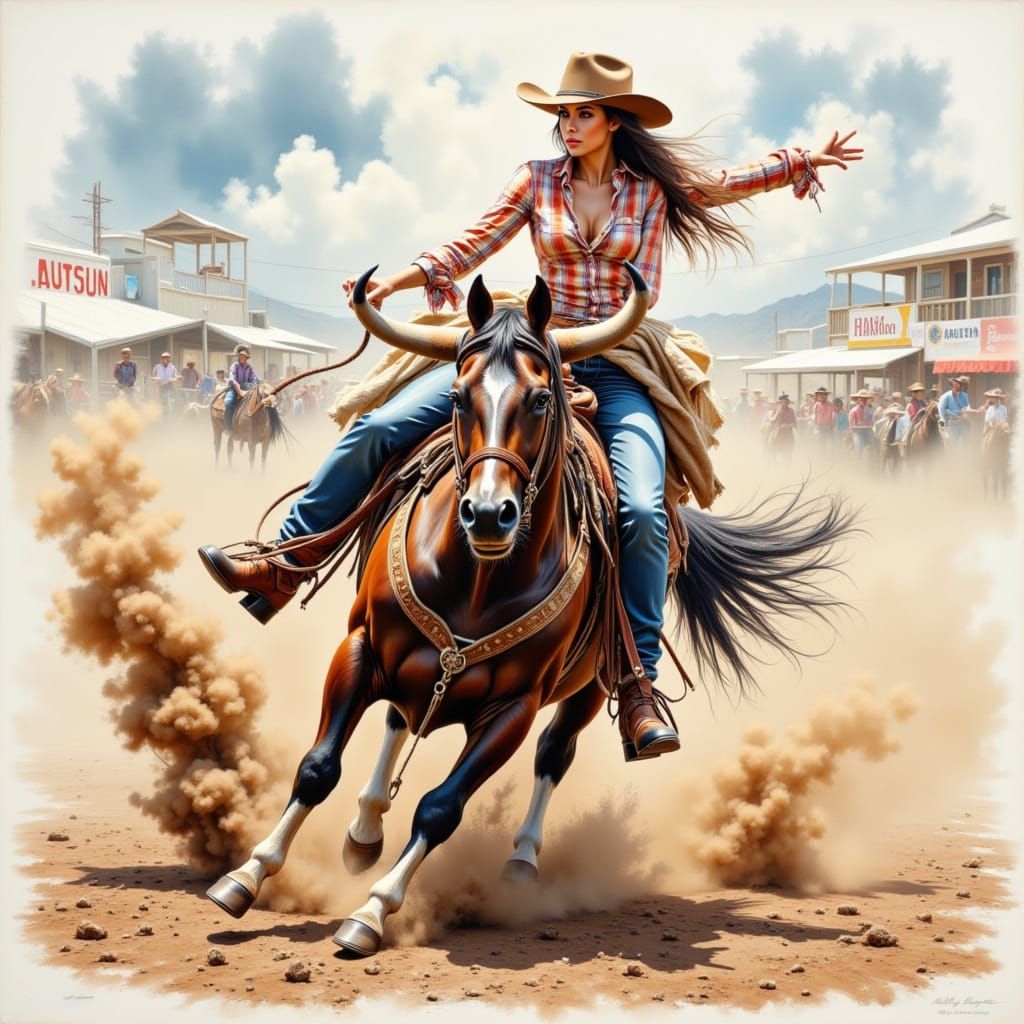 Cowgirl Rides Bull in Wild West Rodeo