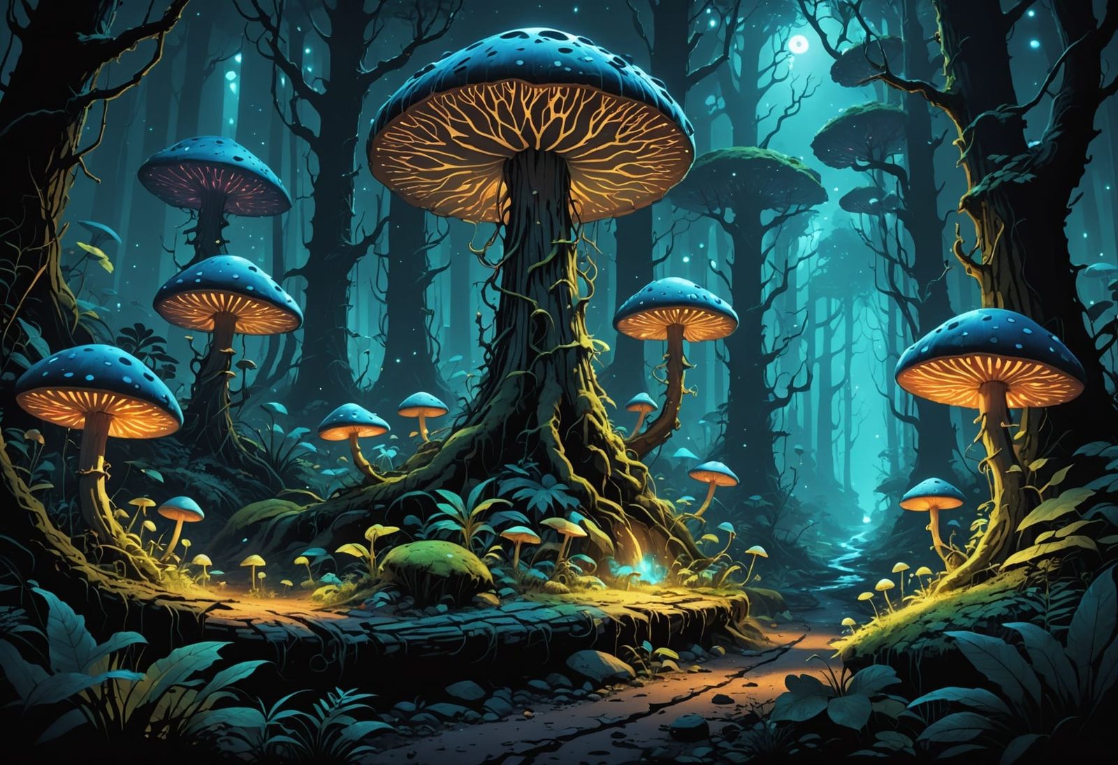 Bioluminescent Forest at Midnight with Crystalline Mushrooms