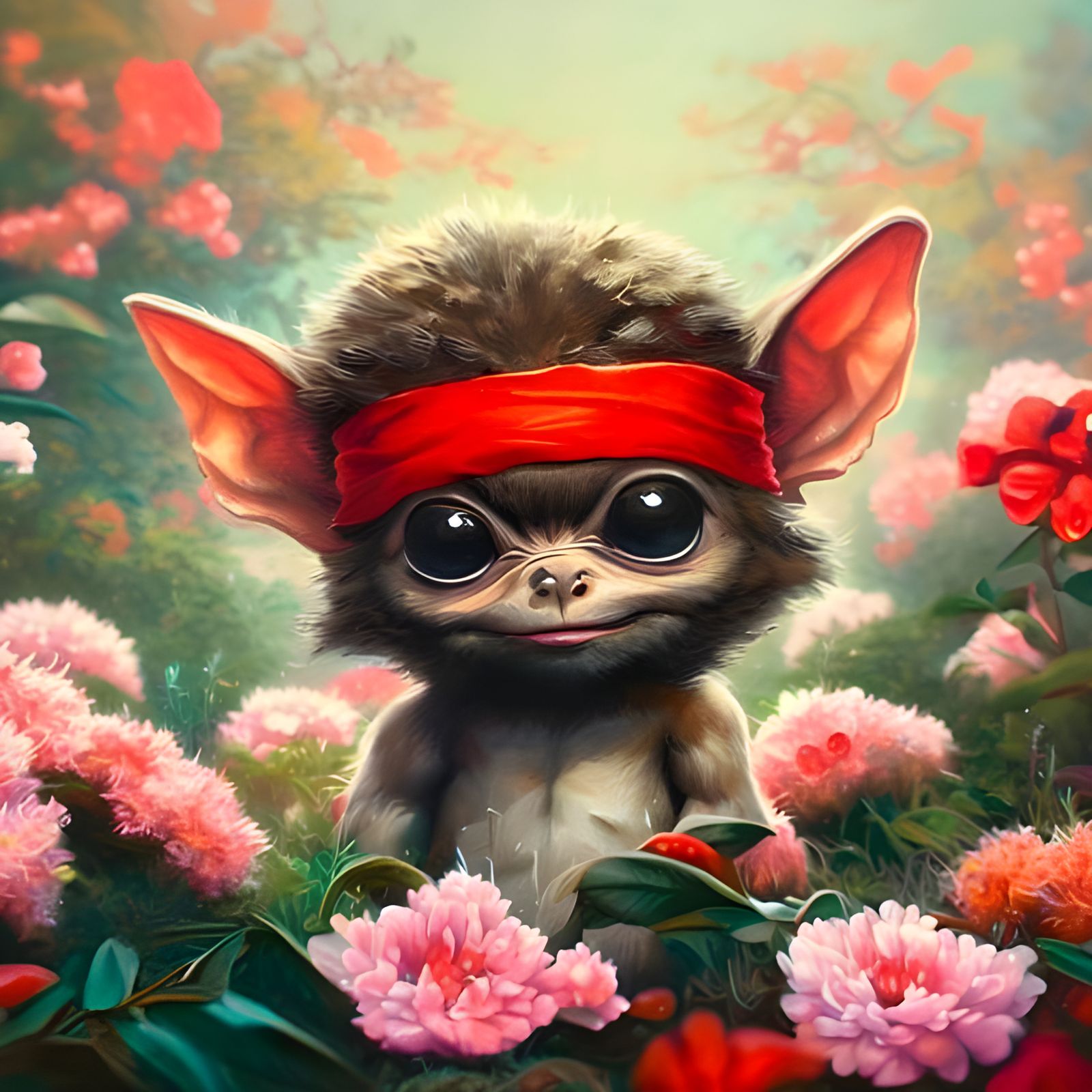 Karate kid Mogwai in flowers