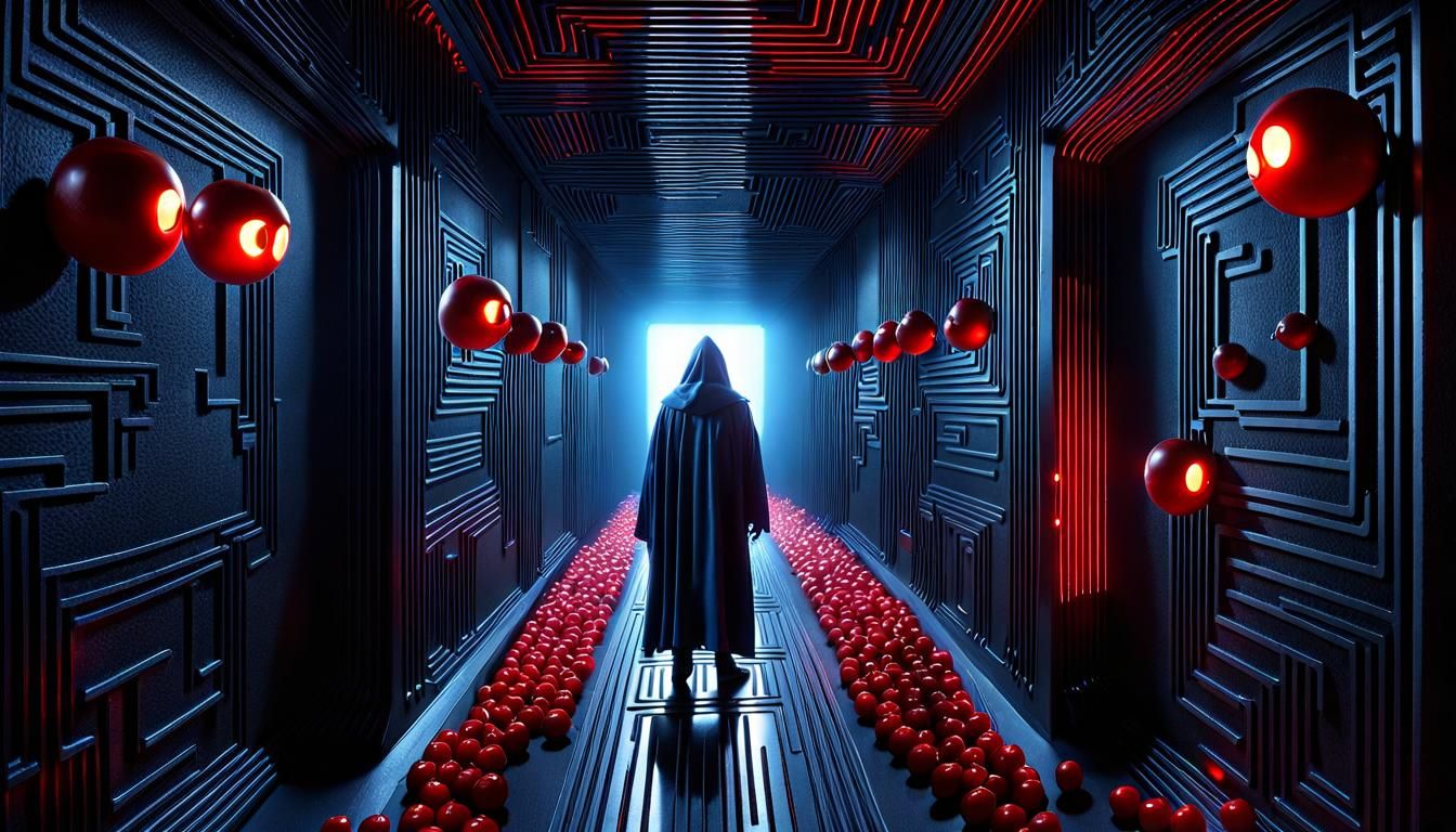 A sinister version of Pac-Man hunting blue ghosts