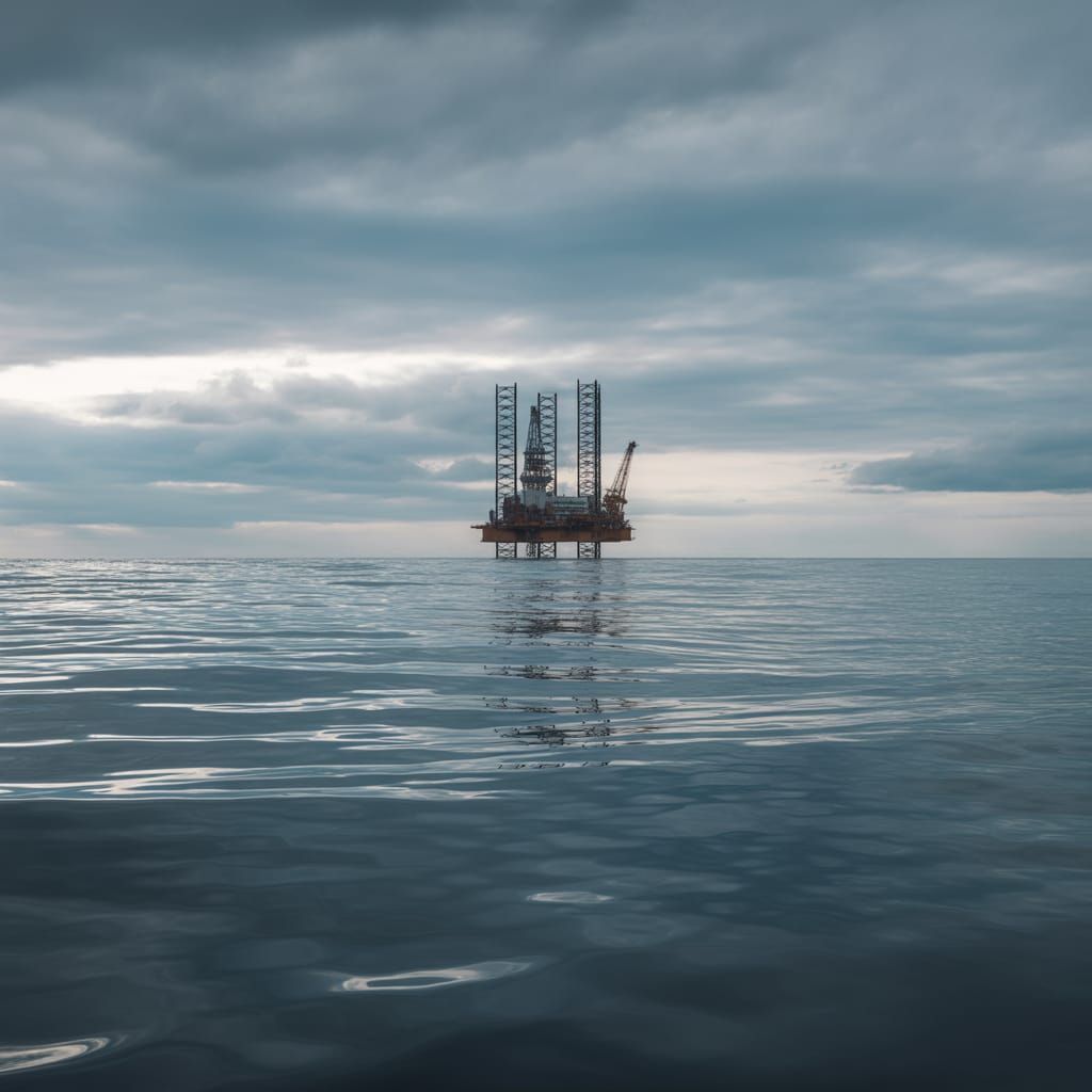 Oceanic Oil Rig Under Overcast Skies