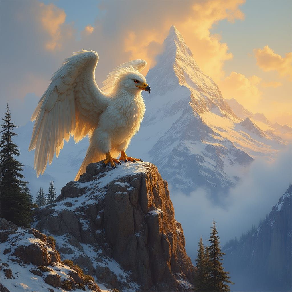 Majestic Griffin in Classic Oil Painting Style Surveys Snow-...