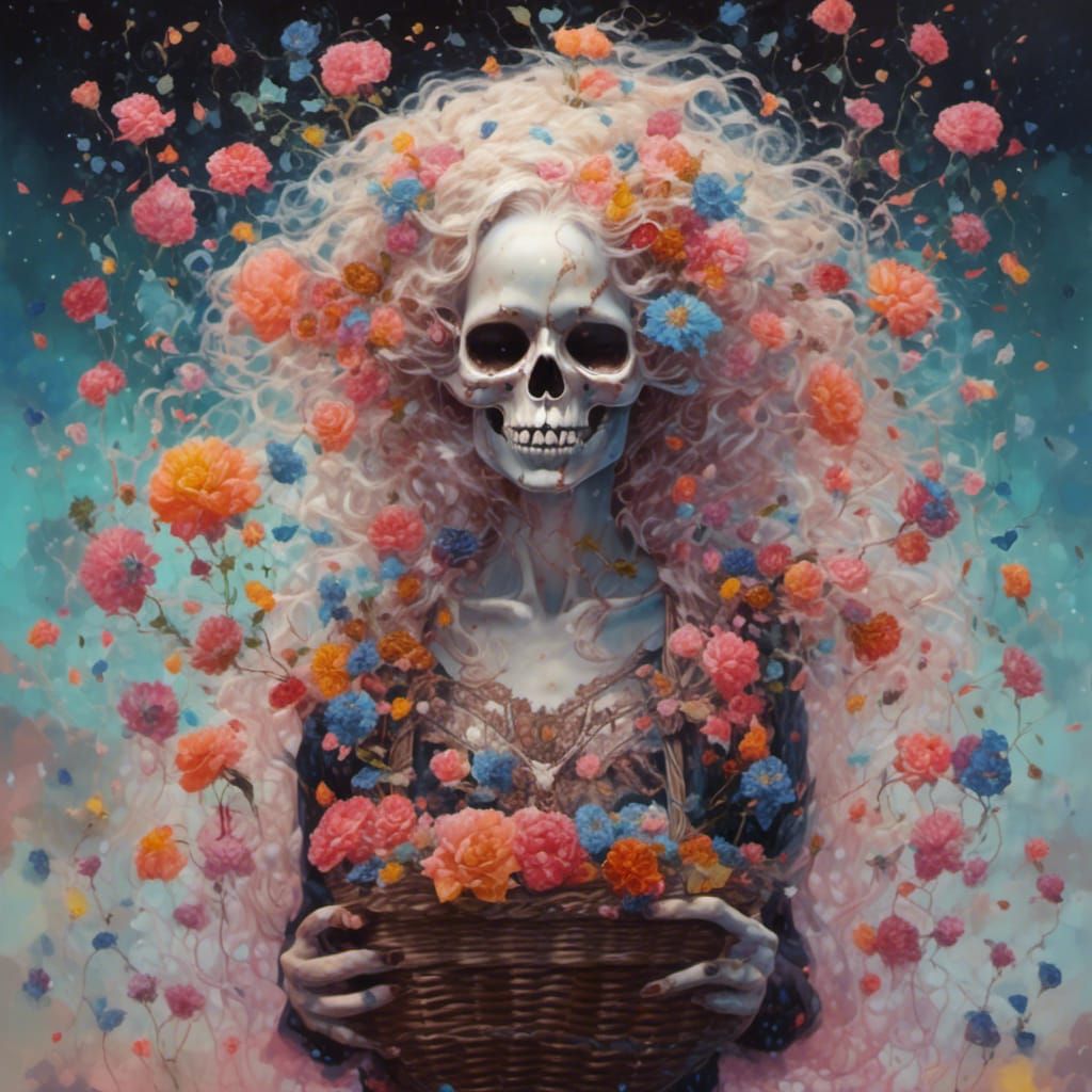 Skull in Dress Collecting Flowers, Neon Pointillism Oil Pain...