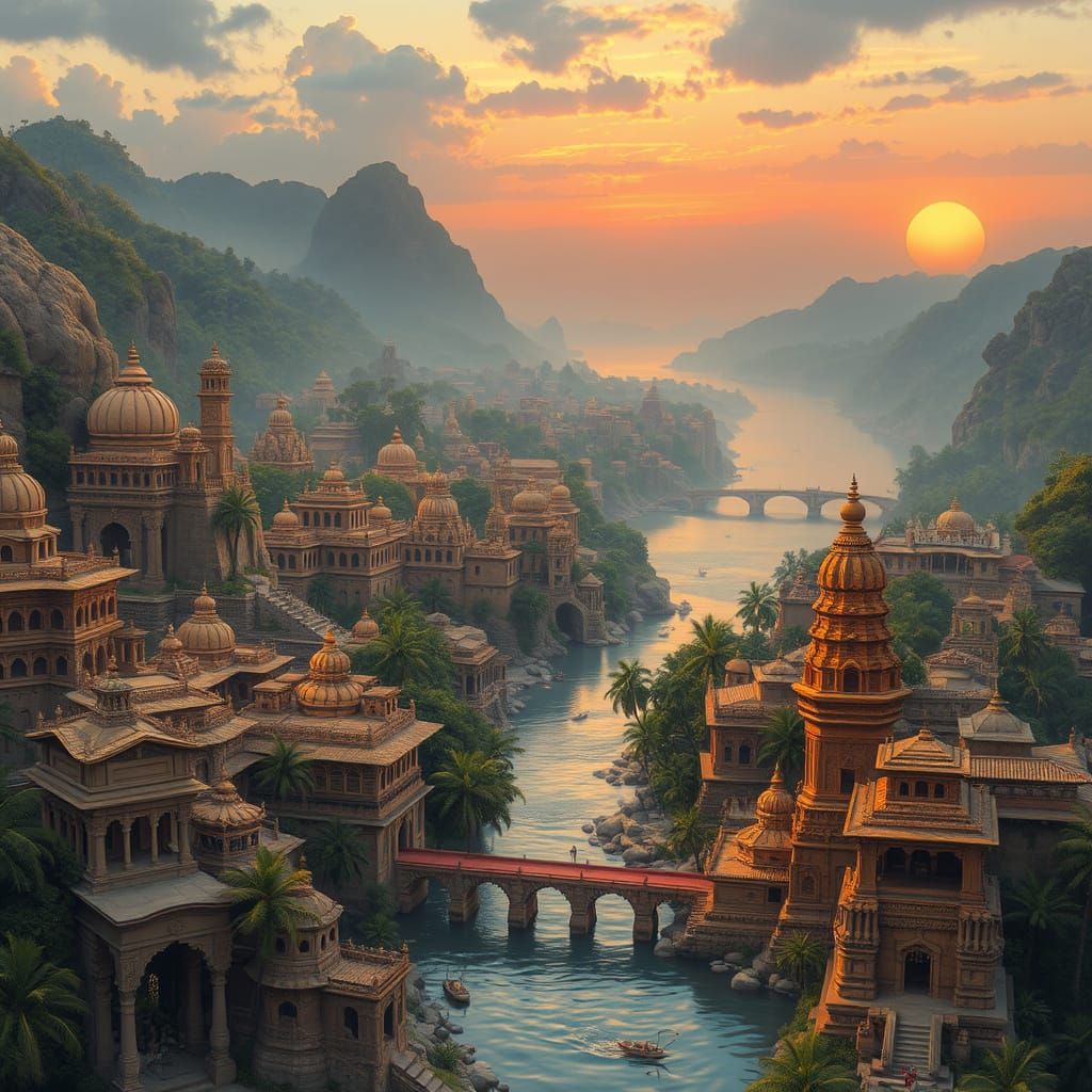 Ancient Cityscape with Intricate Temples and Lush Jungle