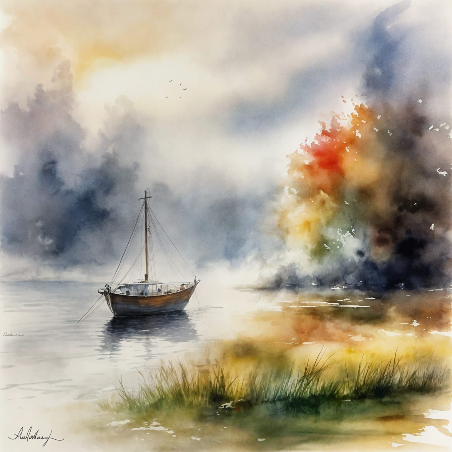 Peinture impressionniste. Plan moyen. Un bateau dans la brume. Couleurs chaudes. Une brume scintillante comme de la pous...