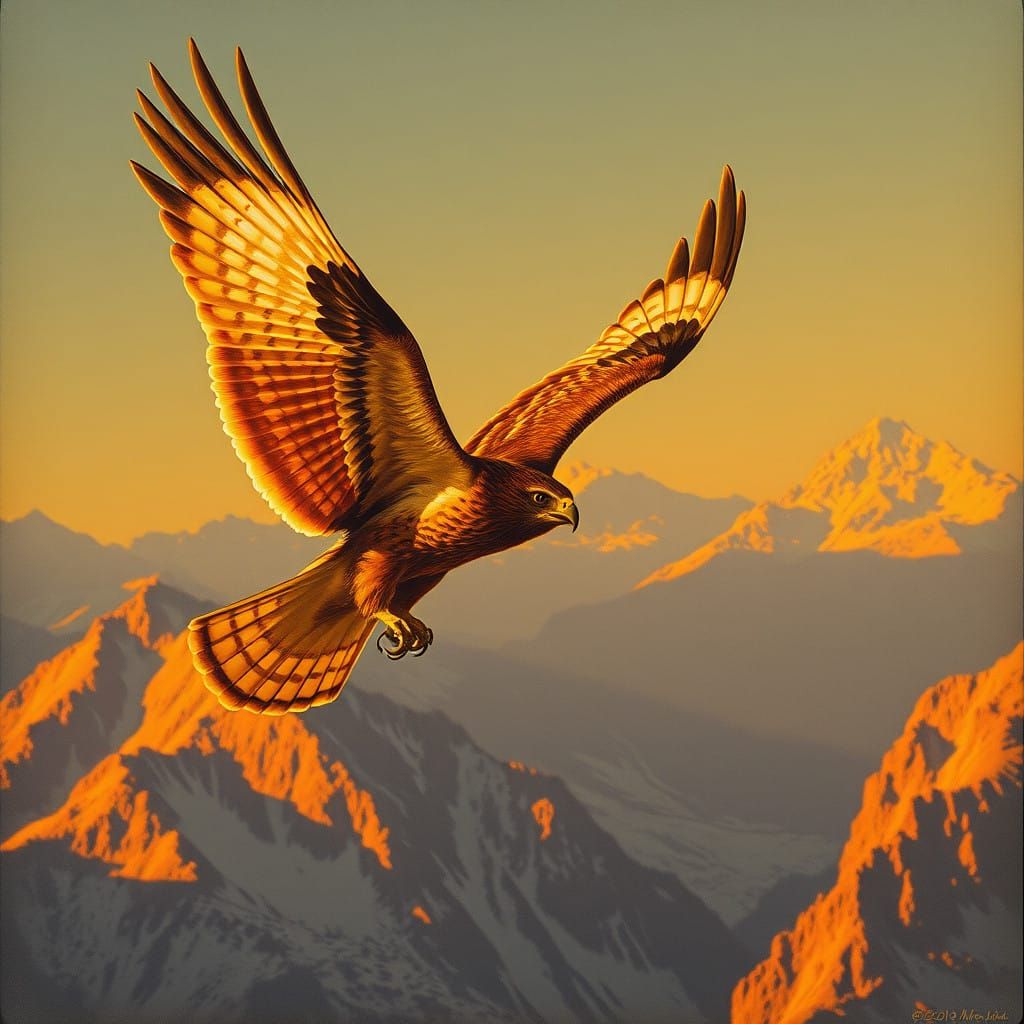 Surrealist Masterpiece: Red-tailed Hawk in Golden Hour Splen...