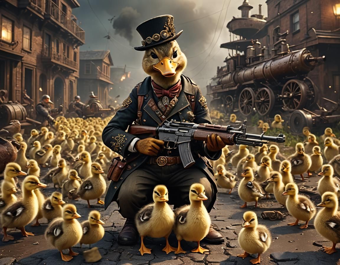 Steampunk Duck Defends Ducklings: Cinematic Digital Art
