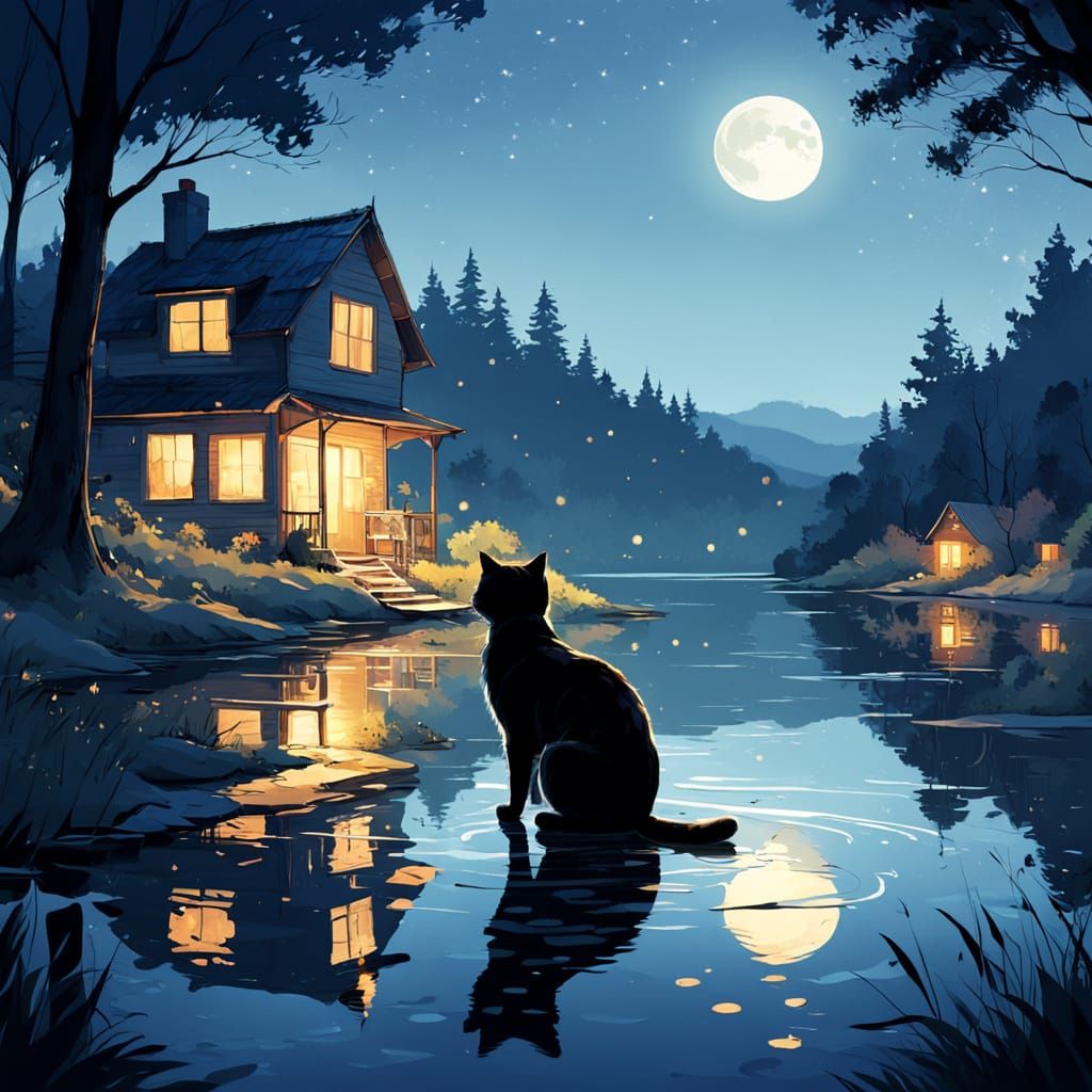 Weathered Cat Gazing at Lake Reflections
