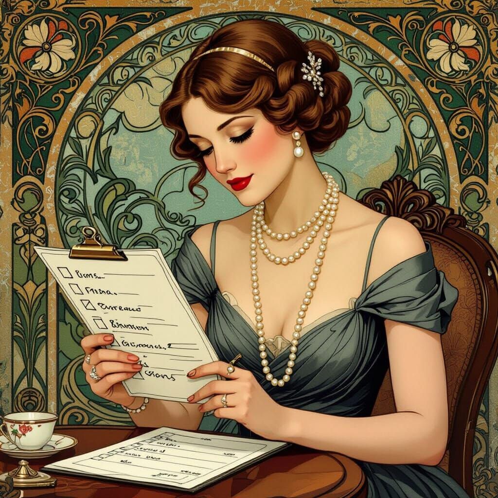 Elegant Lady Ticking Checklist, Art Nouveau Style