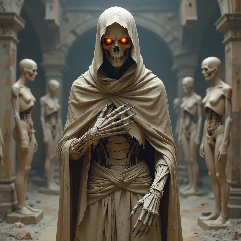 Gaunt Figure with Glowing Eyes in Macabre Chamber