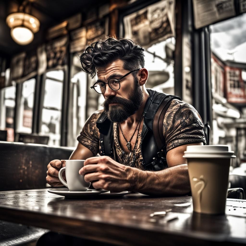 Barbarian at Coffee Shop: Hyperrealistic Image
