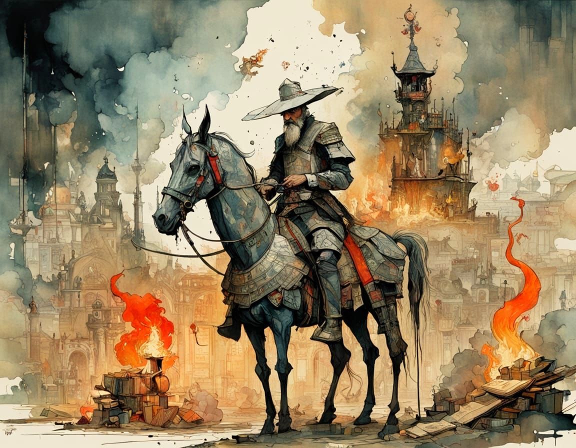 Don Quixote Watches Books Burn In Maximalist Style