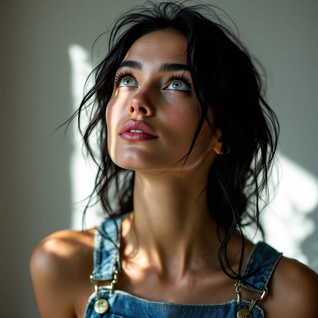 Woman in Denim Overalls Gazing Upwards with Curious Green Ey...