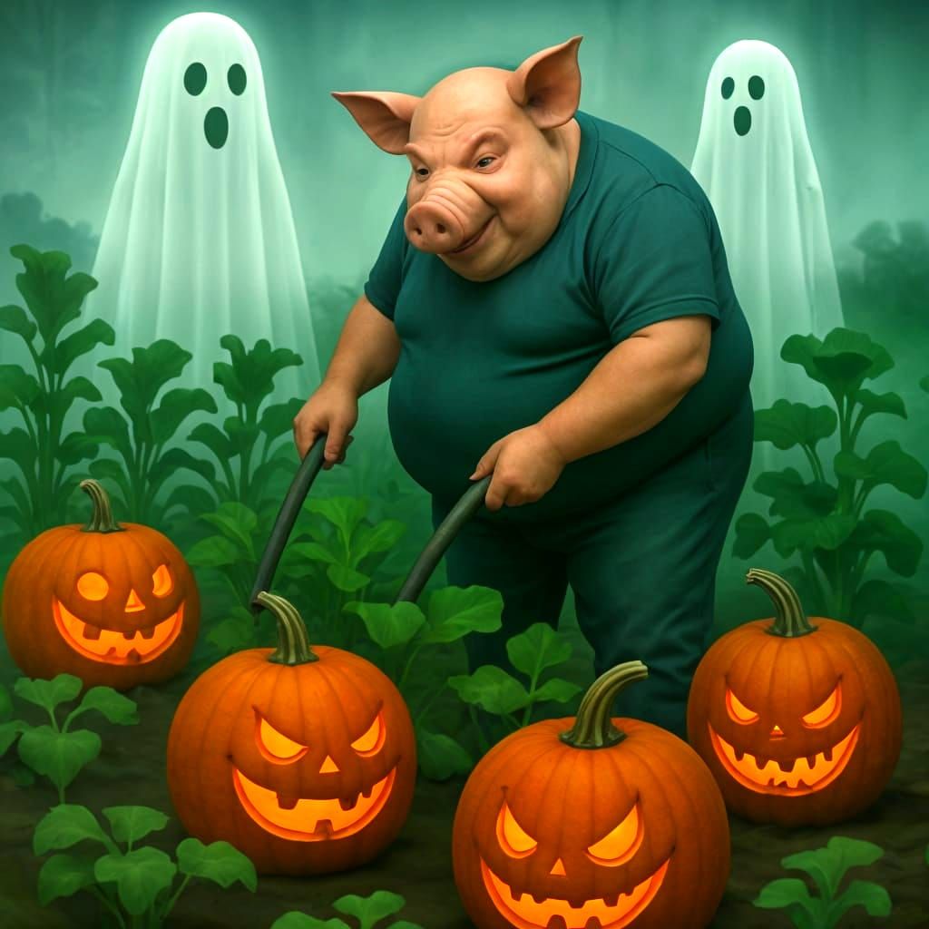 Ghostly Vegetable Garden with Pig-Headed Man