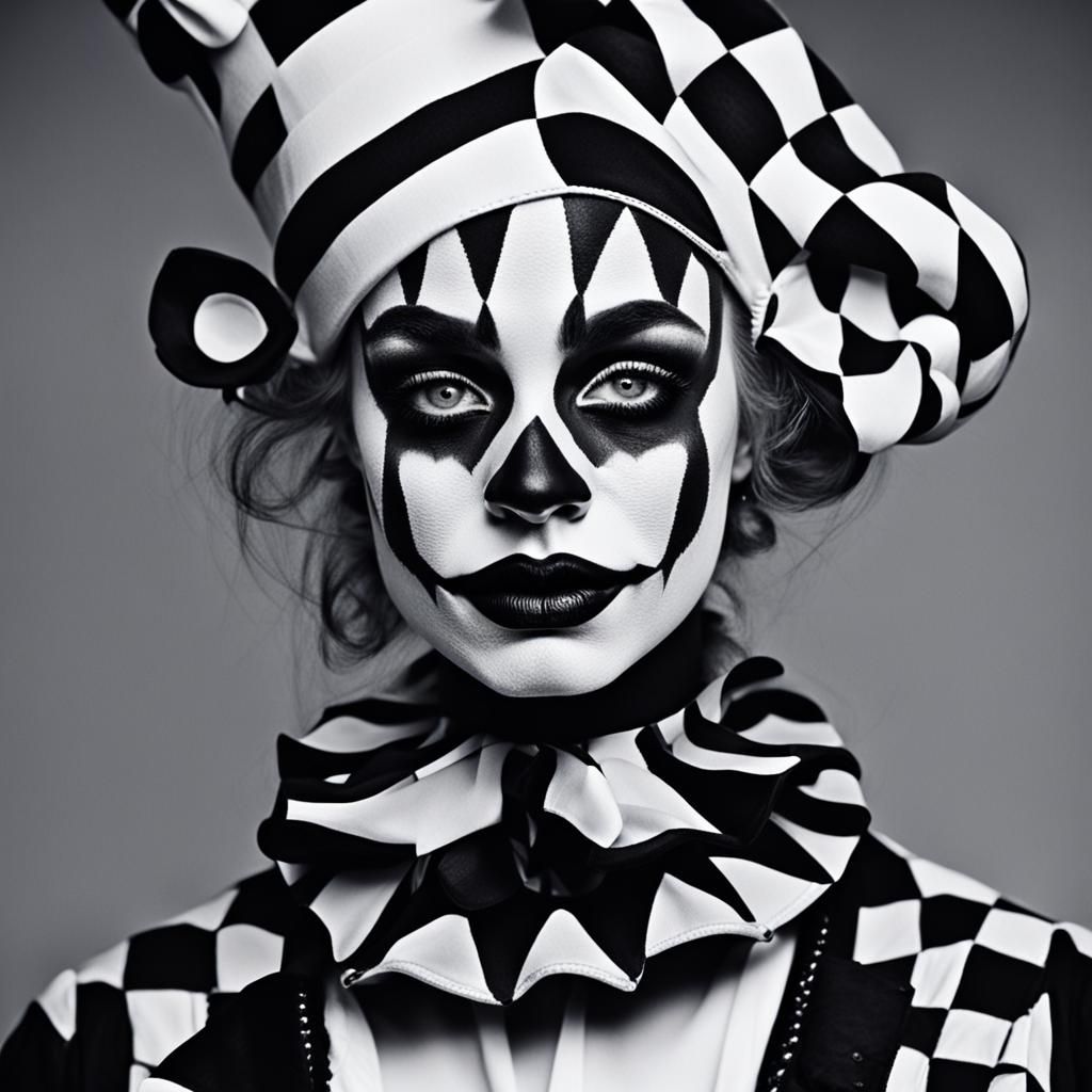 Harlequin Clown Portrait: Black and White Beauty