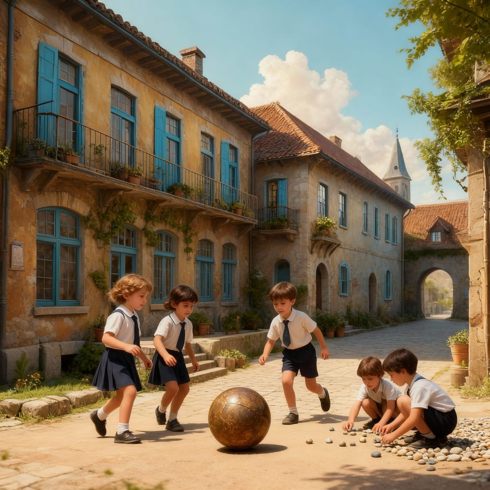 Old School Courtyard With Children Playing, Warm Glowing Win...