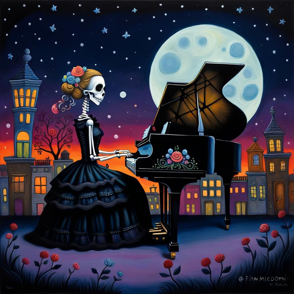 Victorian Skeleton Pianist in Pop Surrealism Style