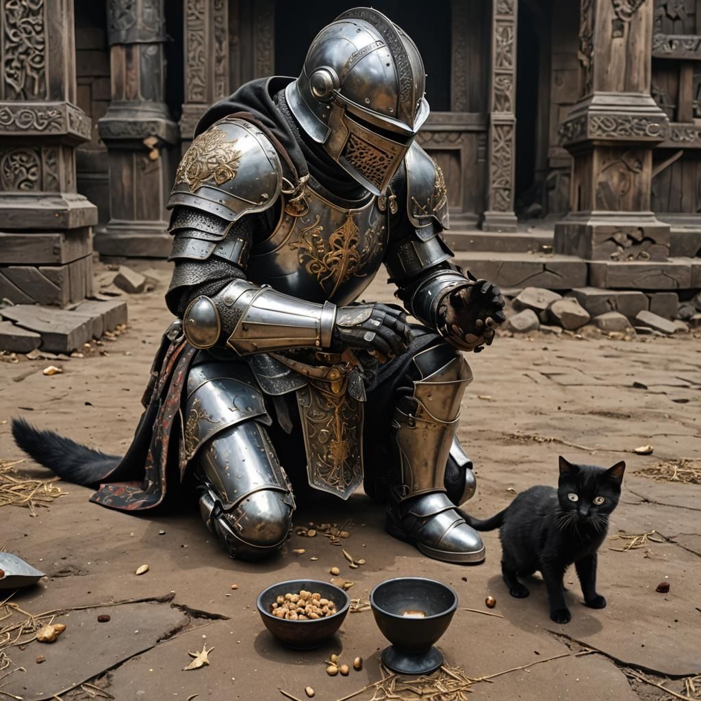 underexposed photography, view from the ground, a heavily scratched armored knight kneeling down on the ground, feeding ...