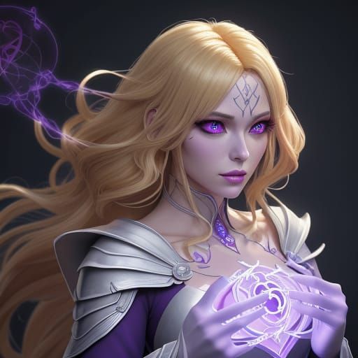 Beautiful adult sorceress in a white and purple dress. A fantasy plant symbol glows on her chest. She has glowing red ey...