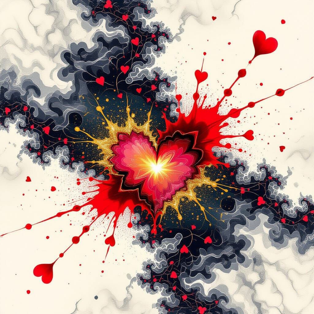 Majestic Fractal Heart with Ink Splash and Gold Sparks