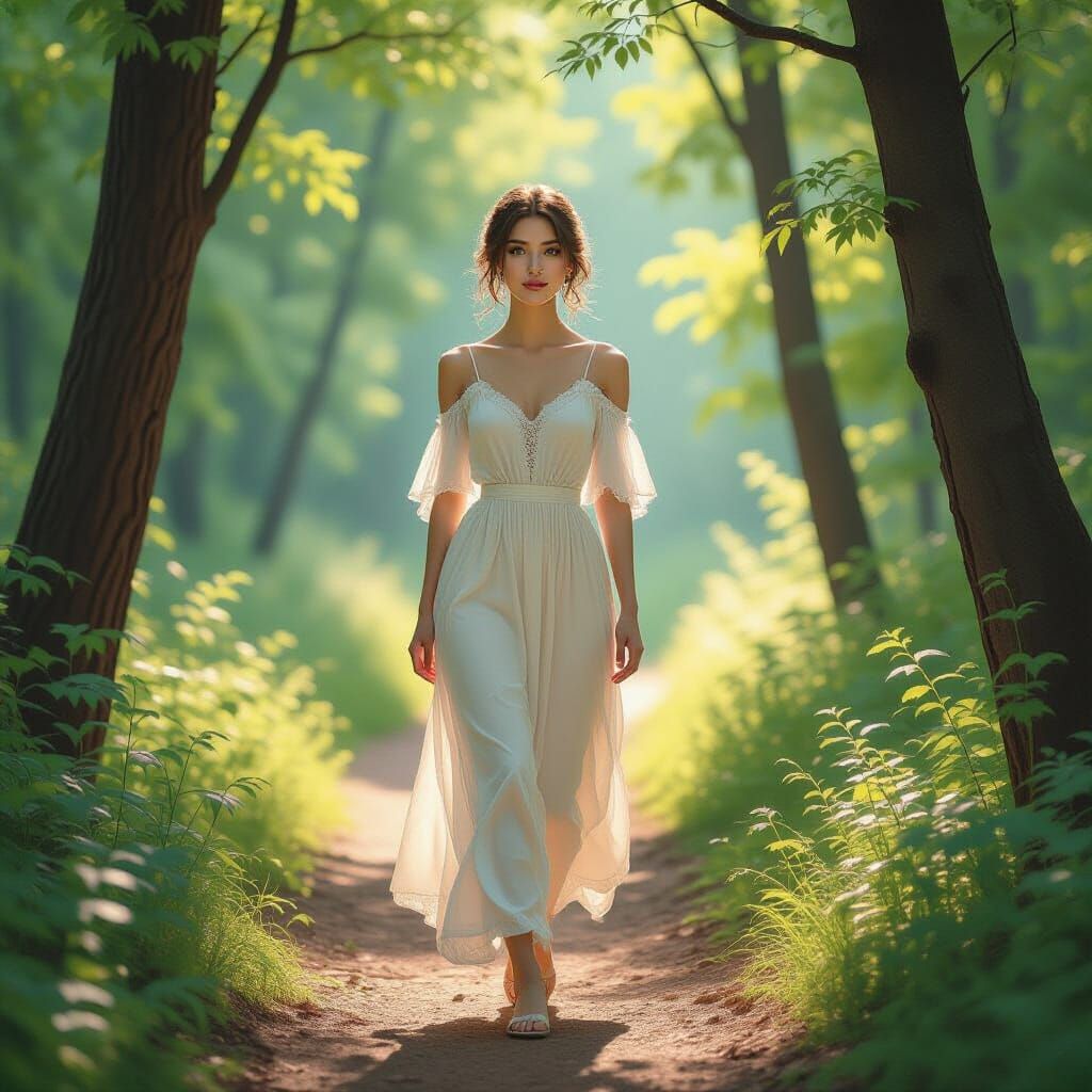 Ethereal Woman on Forest Path in Art Nouveau Style