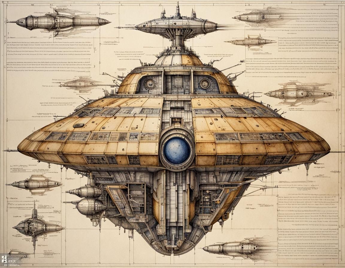 Detailed Spaceship Blueprint in Da Vinci Style
