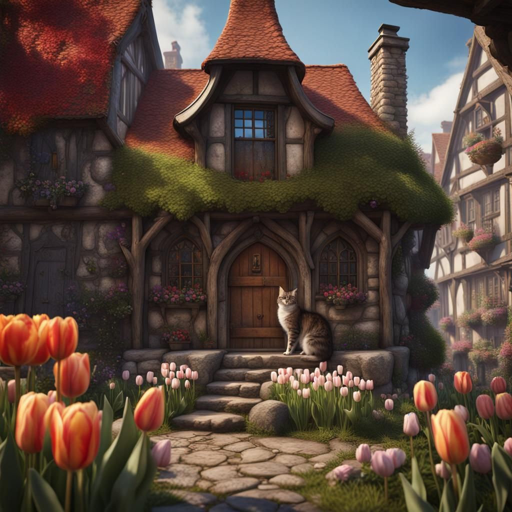 Medieval House Overflowing with Cats and Tulips