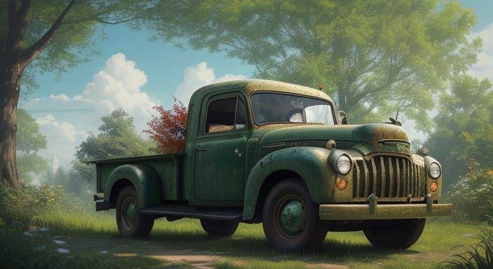 Vintage Green Truck in Whimsical Fantasy Landscape