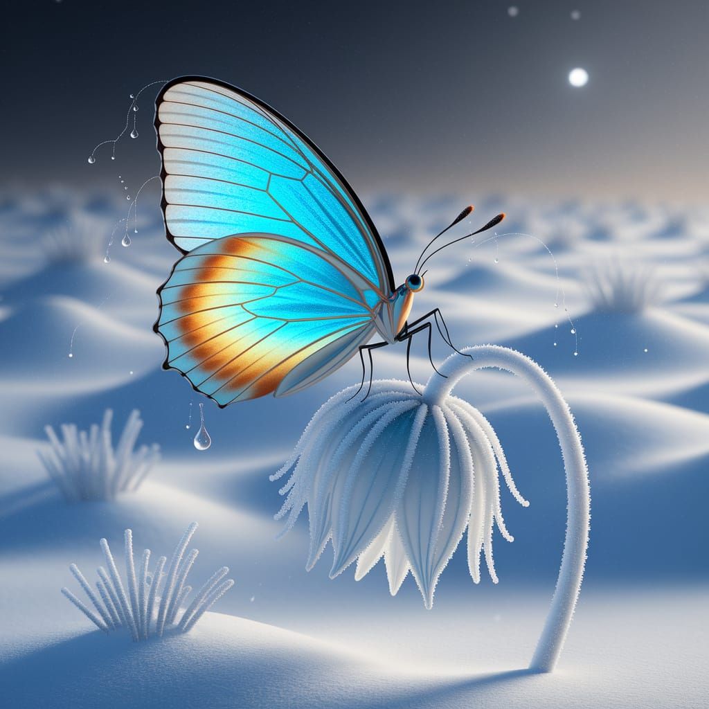 Porcelain Butterfly on Frosted Flower in Winter