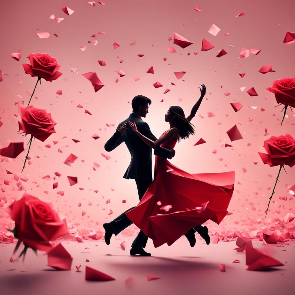 Romantic Couple Dancing Under Rose Petals: Origami Style