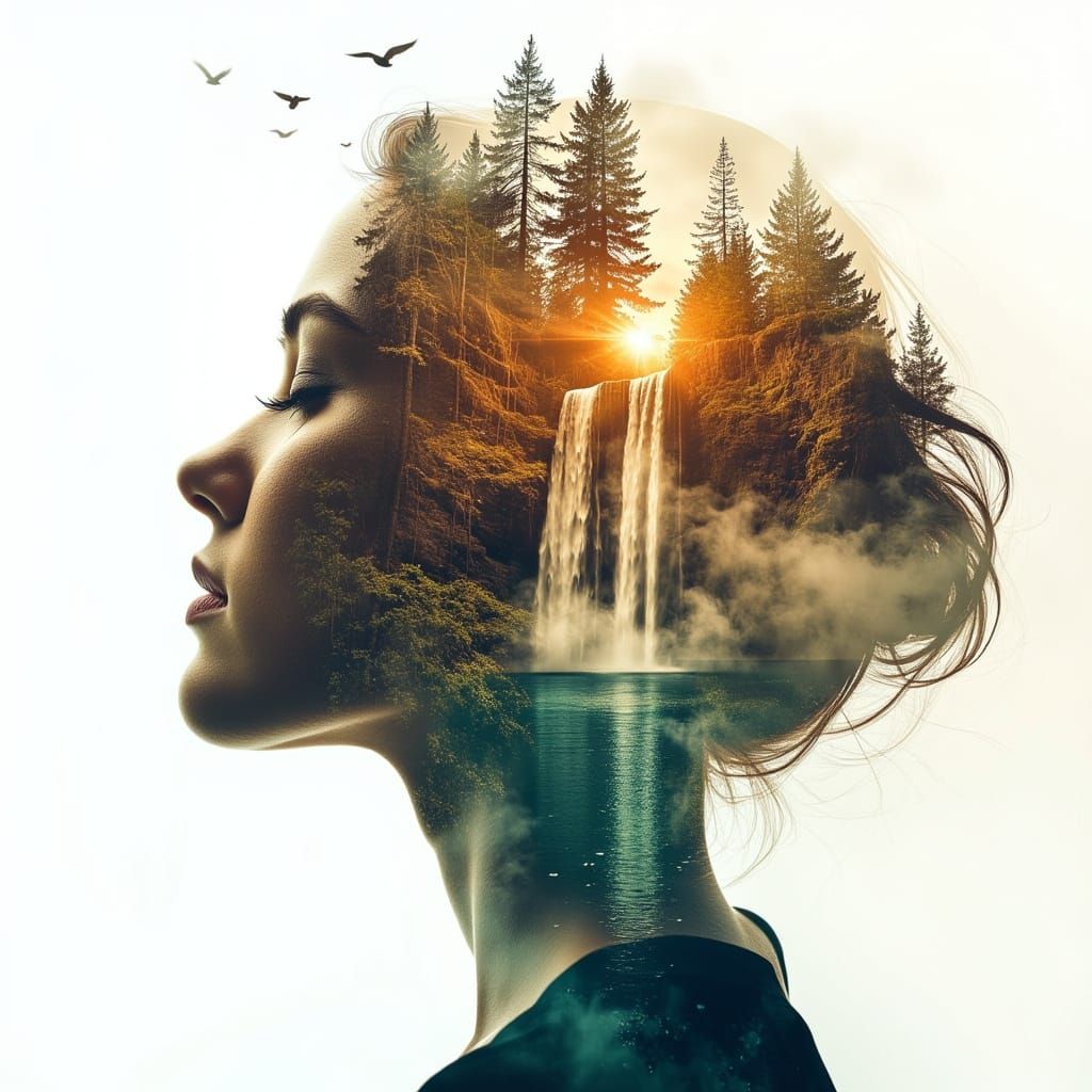 Surreal Double Exposure: Woman Merged With Nature Landscape