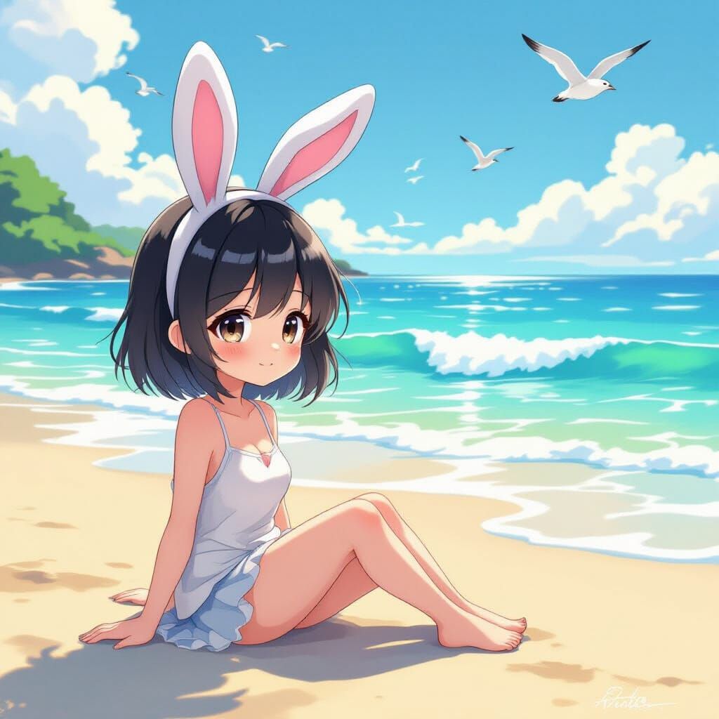 Cute Anime Woman Enjoys Serene Beach Sunset