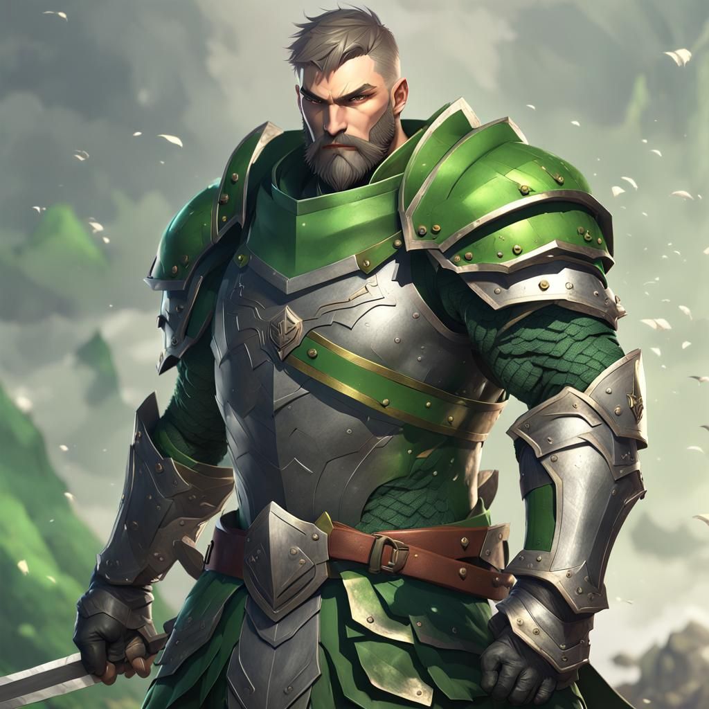 Muscular Knight in Green Armor: 3D Anime Art