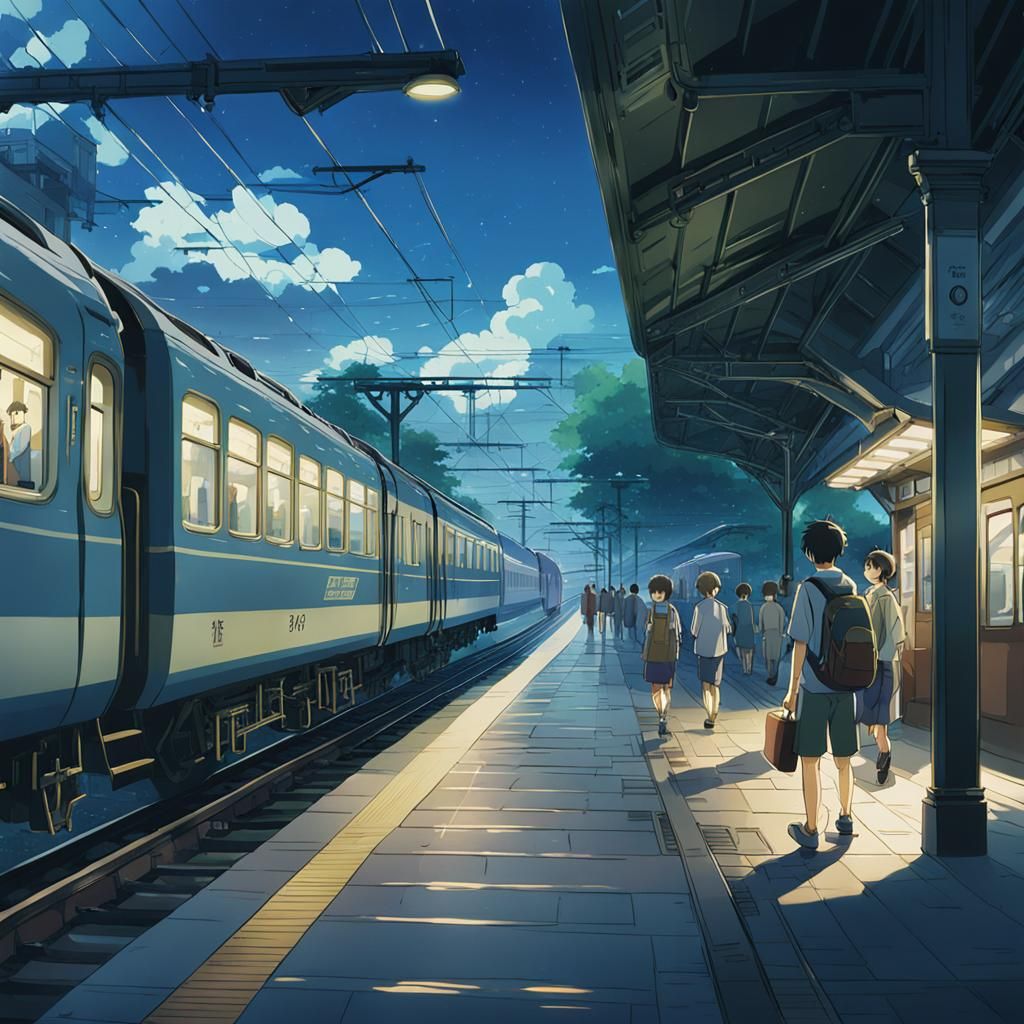 Boy's Night Train Journey: Ghibli-Inspired Anime