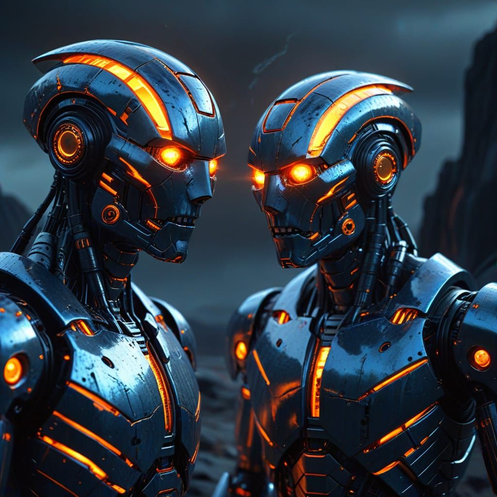 Two Robot Heads in Fiery Sci-Fi Landscape