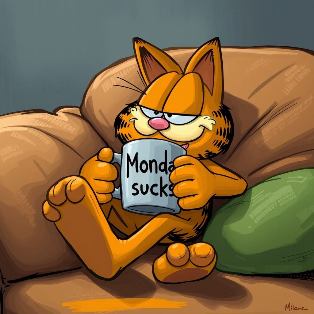 Lazy Garfield Sips Coffee on the Couch