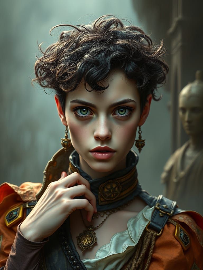 Androgynous Beauty in Elaborate Costume, Ultra-Realistic Oil...