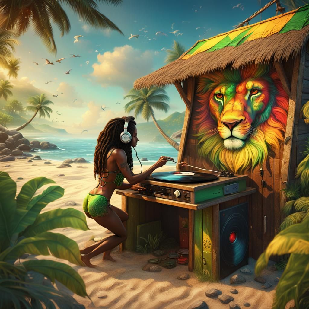 Reggae Girl and Lion DJ on Jamaican Beach