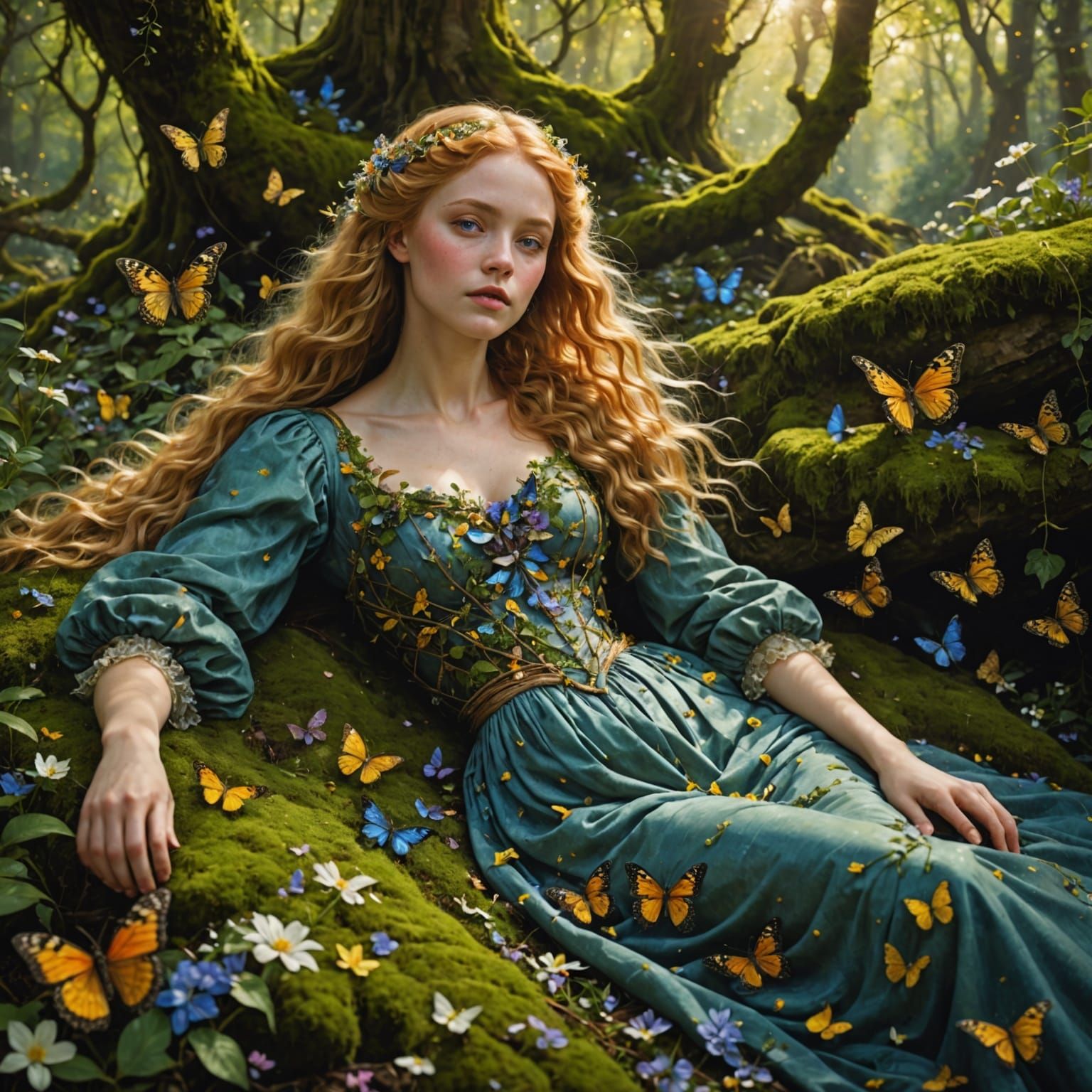 Woman in Gown of Wildflowers, Pre-Raphaelite Style