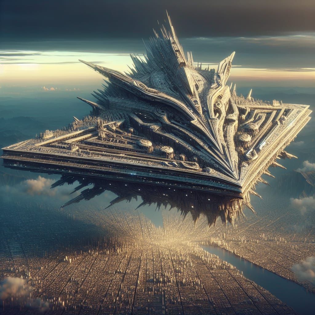 Triangle Alien Ship Over City: Digital Matte Painting