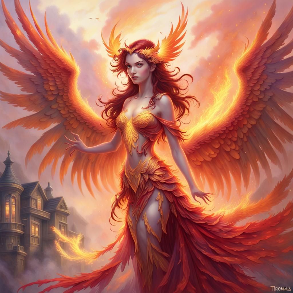 Fiery Phoenix Woman Hybrid in Ethereal Fantasy Art