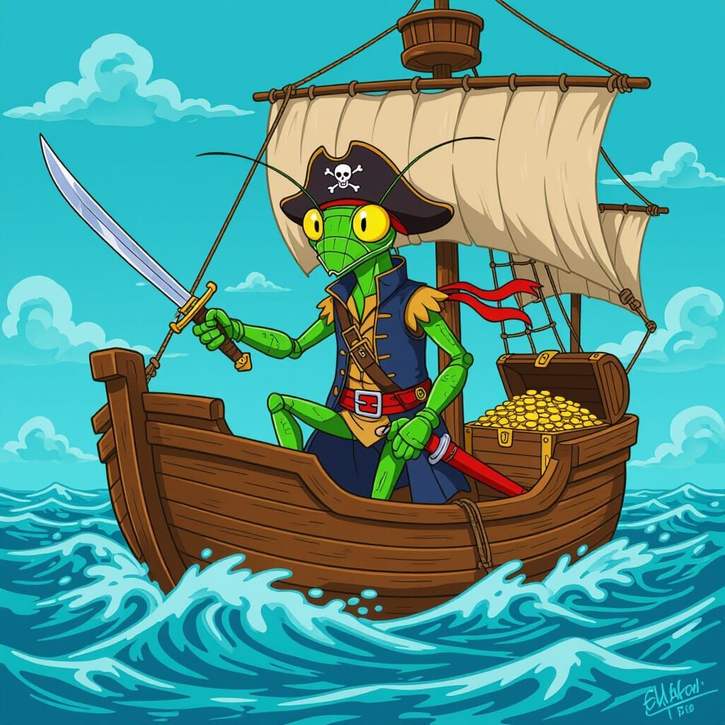 Pirate Mantis Captains Cosmic Seas in Anime Style