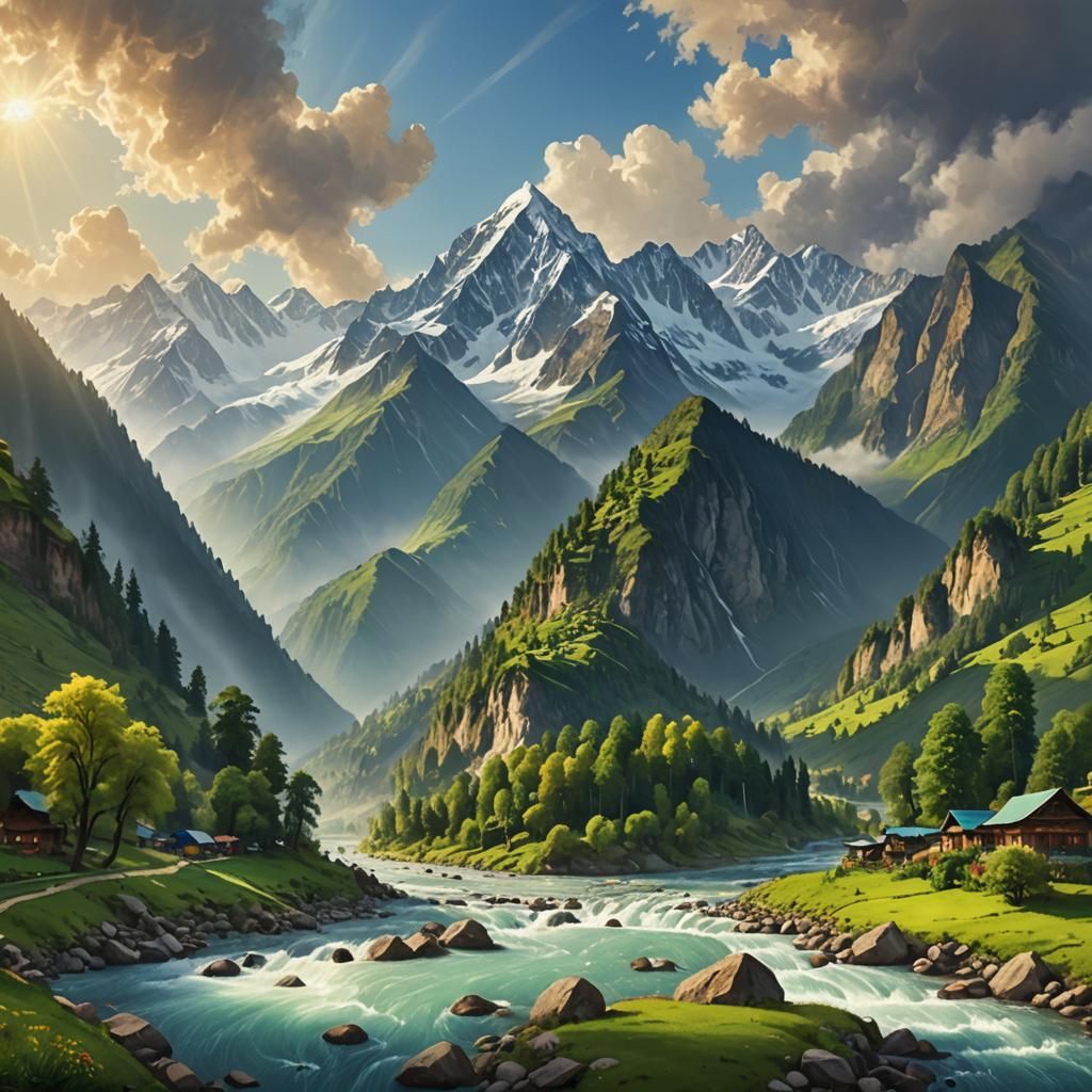 Neelum Valley's Majestic Mountain Range: A Matte Painting