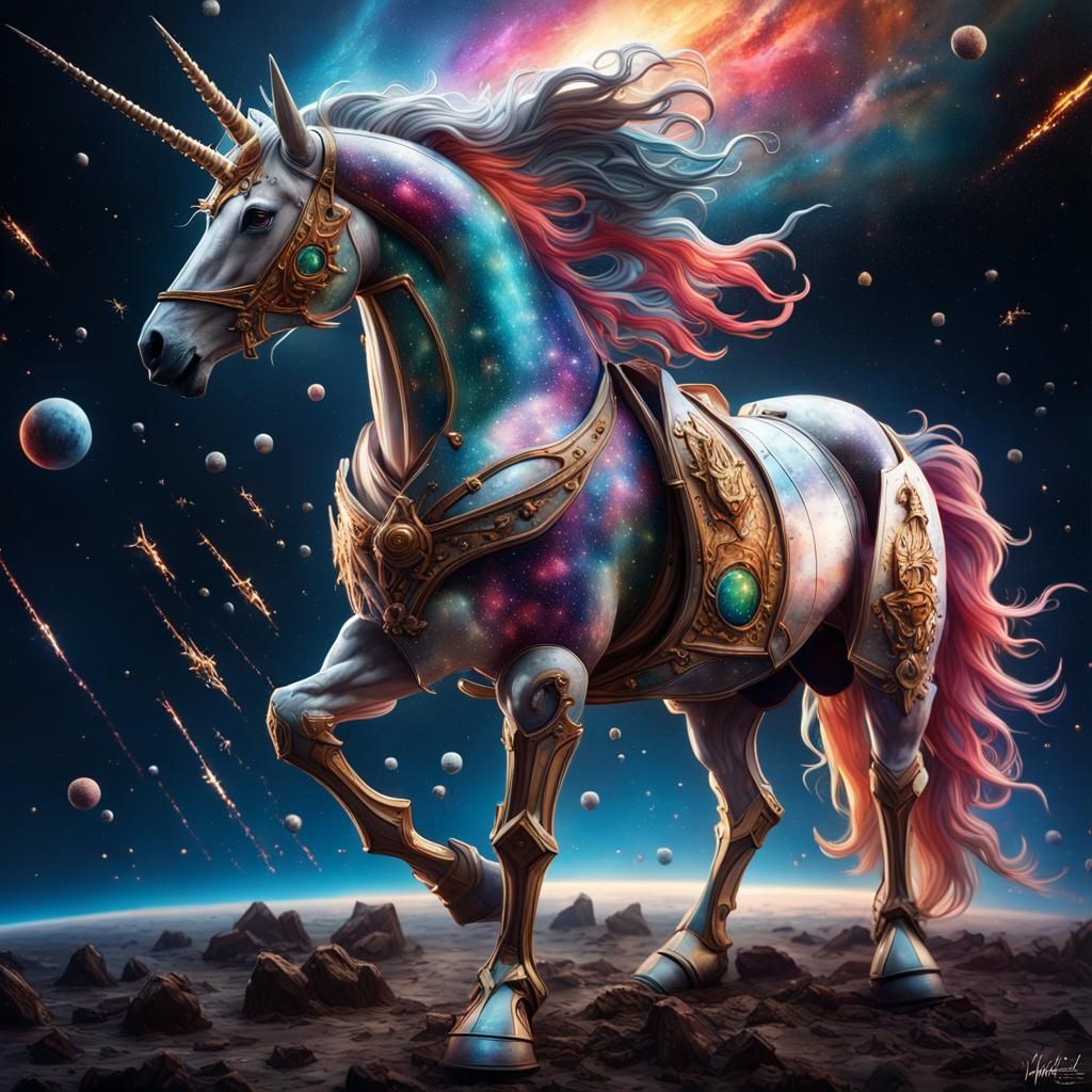 Armored Unicorn in Space: Hyperrealistic Digital Art